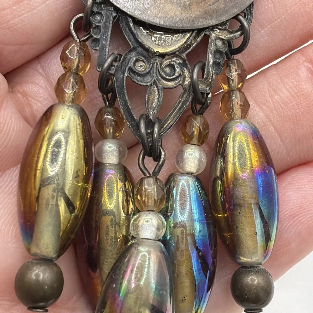 Unsigned‎ Carnival Glass Iridescent Cab & Rhinestone W/Chain Dangles Brooch